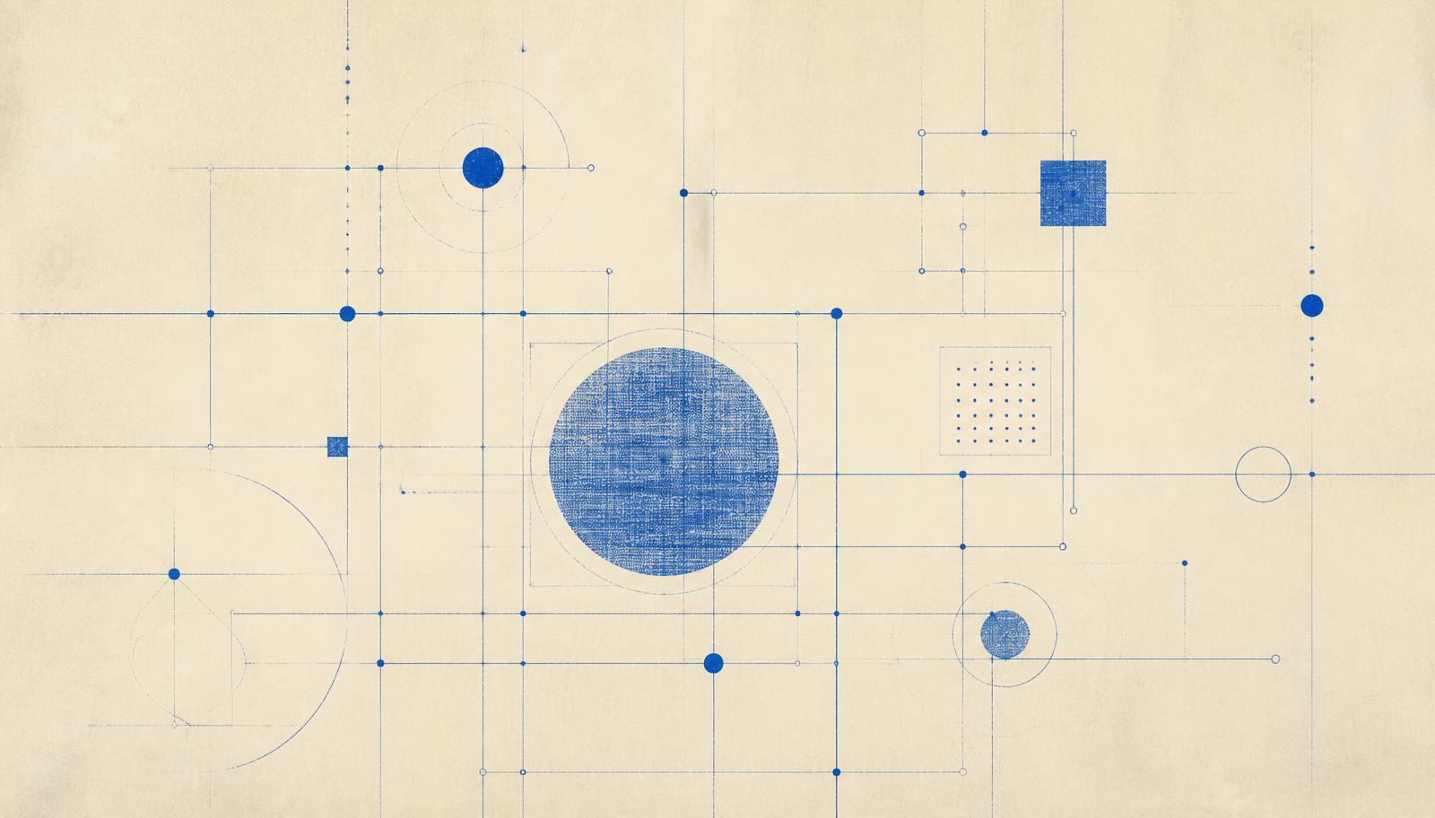 Abstract schematic of blue technical grid lines and nodes on warm ivory paper