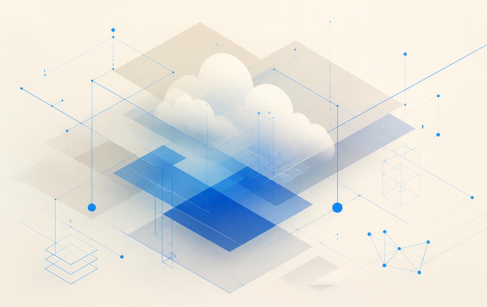 Illustration of layered cloud infrastructure planes connected by blue schematic lines