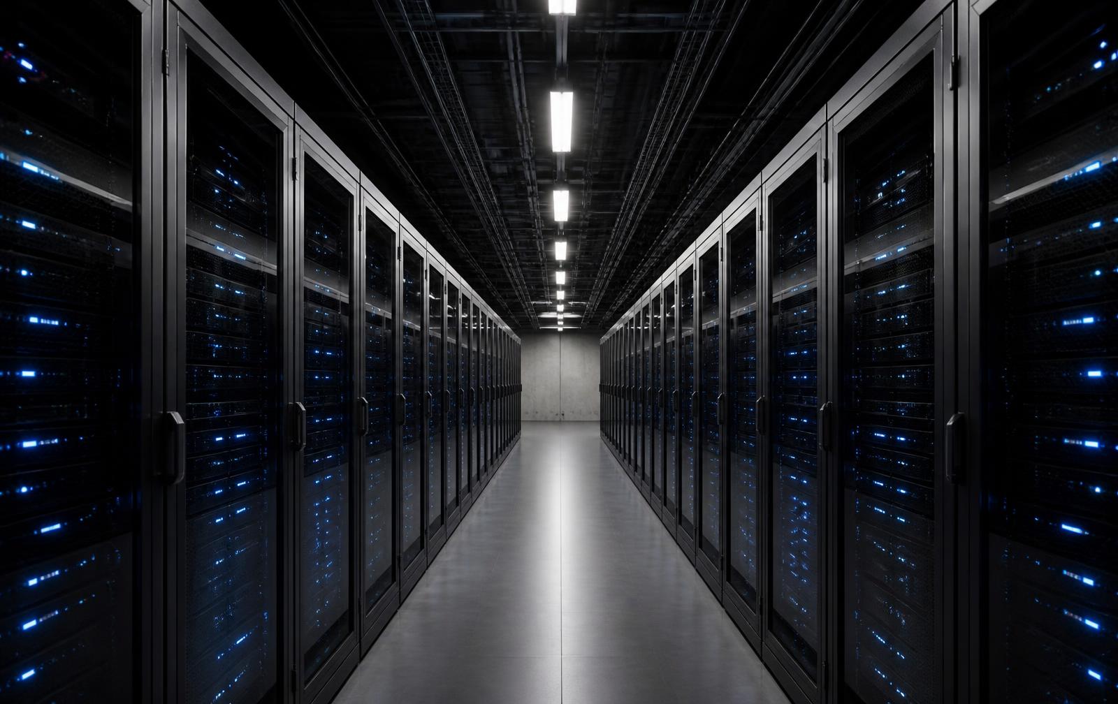 Data centre corridor lined with server racks lit by blue status indicators
